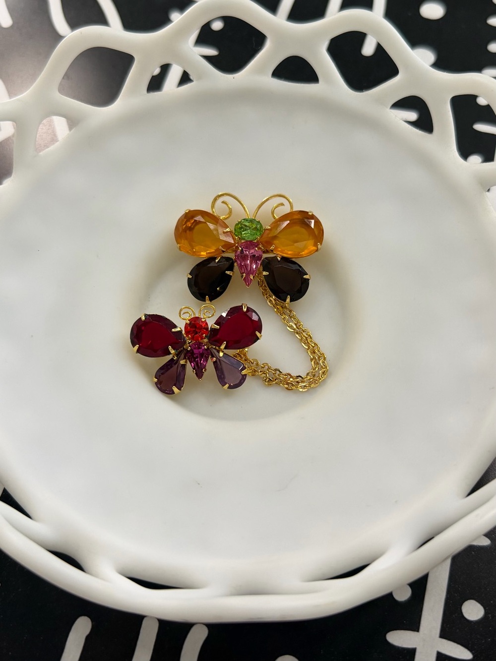 Joan Rivers Gold-Tone Double Butterfly Brooch with Amber, Red & Green Stones